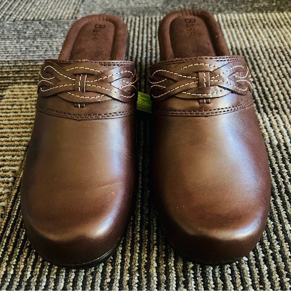 NEW IN BOX GH Bass Brown Leather Braid Cushion Step Boston Mules Clogs, size 9 M - Picture 4 of 13